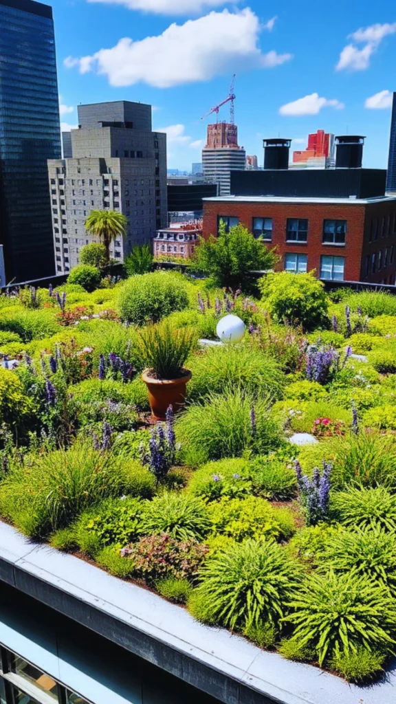 An expansive, lush green roof serving as a private sustainable luxury sanctuary amidst a dense city landscape. The roof is completely transformed into a vibrant eco-garden, covered in dense mounds of bright green ornamental grasses, flowering purple lavender, and low-maintenance groundcover. A terra cotta planter with tall reeds and a spherical white garden light accent the space, contrasting beautifully with the brick and concrete skyscrapers in the background.