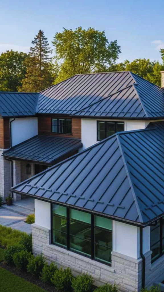 A high-end residential property featuring a premium standing seam metal roof that creates a refined, contemporary silhouette. The multi-gabled architectural roof structure is finished in sleek matte charcoal grey metal panels with crisp, vertical ridges and hidden fasteners. The roof beautifully crowns the home's exterior, which blends modern white stucco walls, natural wood siding, and light grey stone masonry.