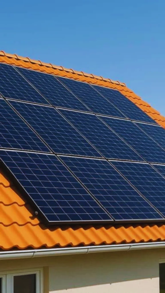 A modern, high-performance luxury roof design demonstrating the clean integration of sustainable energy systems. A large array of sleek, dark blue grid-patterned solar panels is mounted flush against a steeply pitched roof made of traditional wavy terracotta orange clay tiles. The seamless layout preserves the aesthetic integrity of the home while delivering clean energy independence under a clear blue sky.