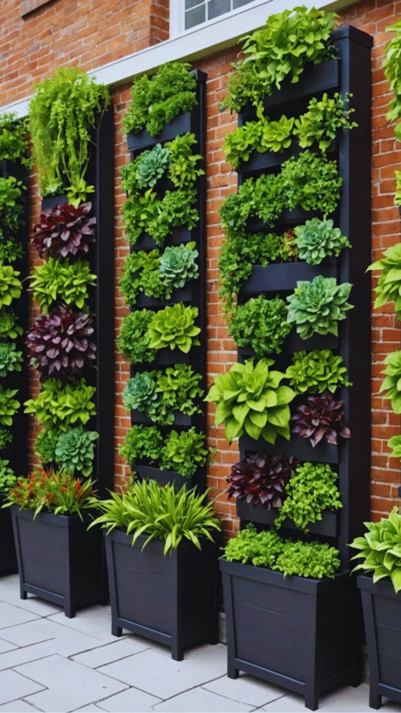 A modular living wall system mounted on a classic red brick facade, showing how vertical gardens integrate luxury greenery into home architecture. Tall, black vertical planter panels are arranged side by side, forming a lush tapestry of vibrant green leafy plants, trailing herbs, and textured dark purple foliage. Each column is anchored at the base by a large, square black planter box filled with dense ornamental grasses and low-growing greenery on a paved patio.
