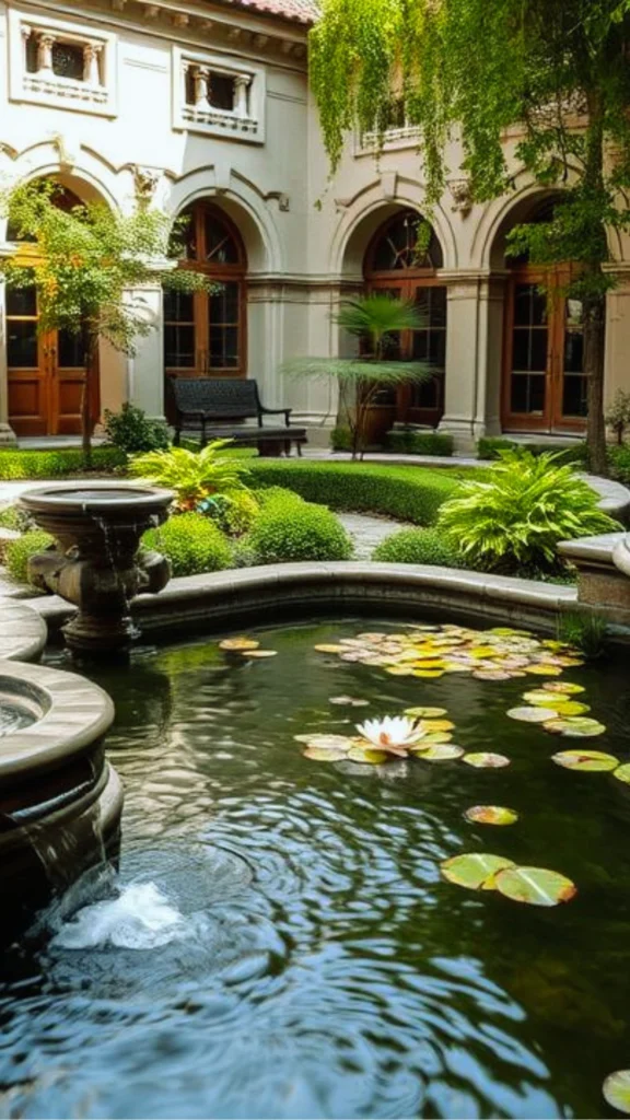 A European-inspired luxury villa courtyard showcasing an elegant, multi-dimensional garden layering design. In the foreground, a stone water feature spills into a serene reflection pond dotted with floating lily pads and a blooming white water lily. The background orchestra of greenery builds harmony using tightly manicured low boxwood spheres, mid-height bright green ferns, a sculptural fan palm, and towering weeping willow branches framing ornate stone arches and dark wood doors.