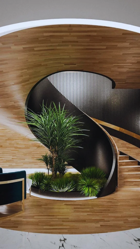 A sculptural helical staircase serving as an architectural centerpiece in a grand luxury interior. The dramatic design features a sweeping, matte-black curved outer structure spiraling gracefully between floors, perfectly softening the surrounding geometric wooden plank walls and matching hardwood flooring. At the core of the spiral staircase sits a minimalist indoor garden bed with a lush green tropical palm and ornamental grasses, catching soft light to frame an organic and fluid arrival sequence.