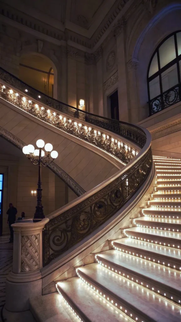 A grand neoclassical staircase demonstrating how layered lighting elevates a structural silhouette into art. The wide, sweeping stone steps are illuminated with rows of small, warm integrated tread lights that crisply define each step's geometry in the evening. An ornate, intricately detailed golden scrollwork balustrade wraps upward into the double-height space, catching the glow from a classic multi-globe lamppost and highlighting the gallery-like atmosphere of the historic architecture.
