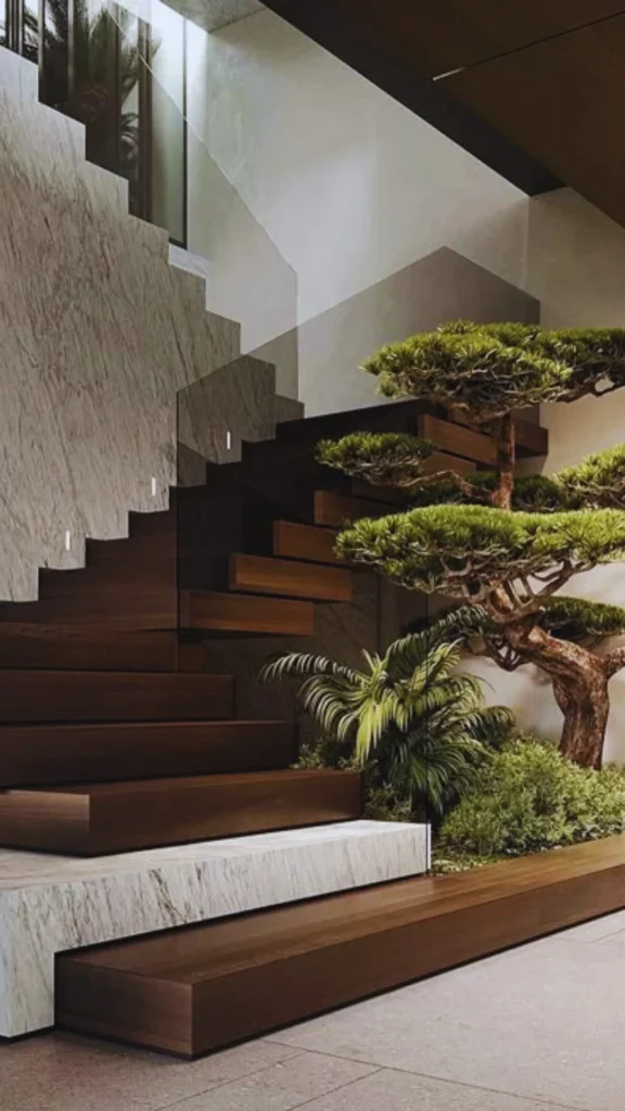 A high-end sculptural staircase highlighting material integrity and precise design. The structure features thick, monolithic timber treads in a rich, dark warm oak finish, beautifully juxtaposed with a cream-colored veined marble base block. A minimalist, seamless transparent glass balustrade bounds the open flight, framing a striking indoor zen garden underneath populated by a sculpted bonsai pine tree, delicate ferns, and dense ground cover.