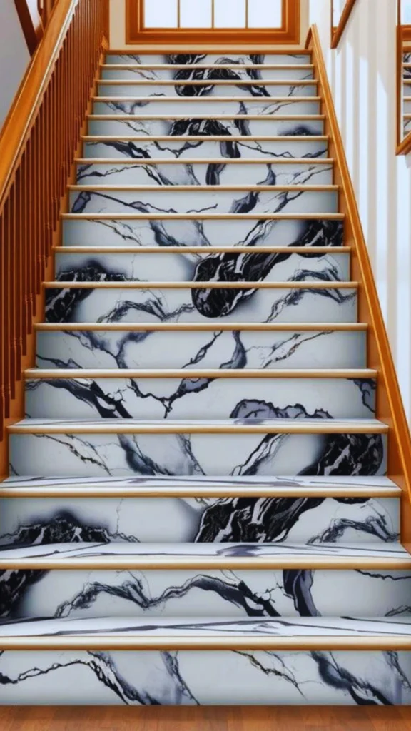 A traditional wooden staircase showcasing a bold and intentional design trend using decorated risers to add personal flair. Each vertical riser features a dramatic, high-contrast black and white marble or stone tile pattern with sweeping organic veins. The bold geometric layout creates a continuous, artistic mural effect as the stairs ascend, transforming the plain structures into an unexpected accent piece framed by classic wooden handrails.