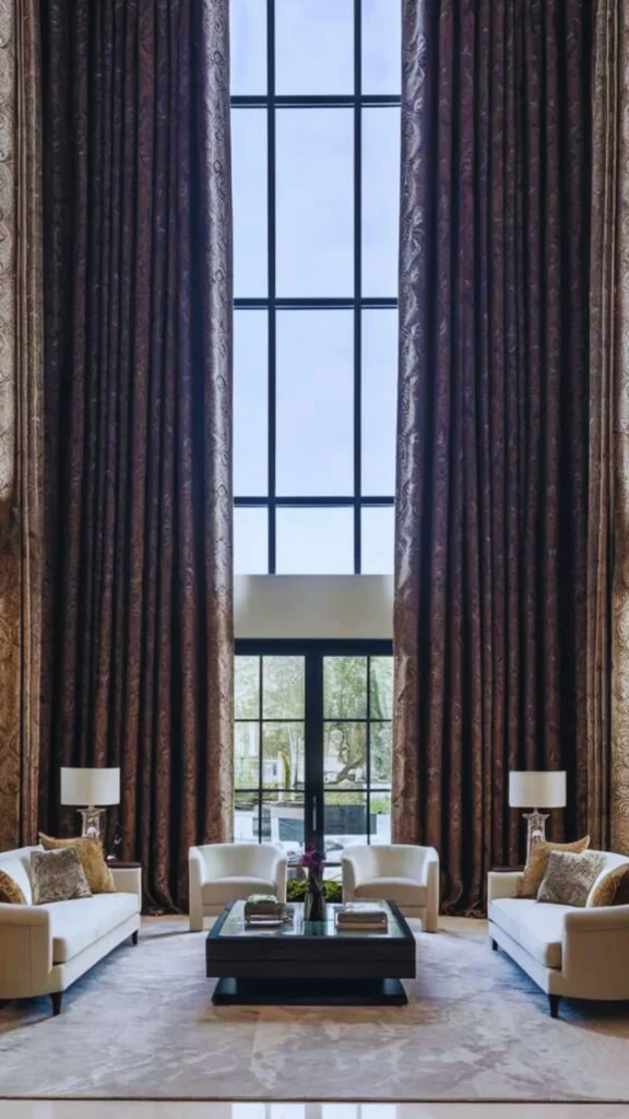 A double-height luxury living room demonstrating how floor-to-ceiling drapes create a sweeping sense of grandeur. Massive, heavy chocolate-brown patterned curtain panels hang from the absolute top of a two-story ceiling, cascading down to frame a soaring multi-paned window wall and glass doors. The rich fabric stacks beautifully with extra fullness on either side, drawing the eye upward to make the space look significantly larger, while flanking a symmetrical seating arrangement of cream sofas, armchairs, and a central coffee table.
