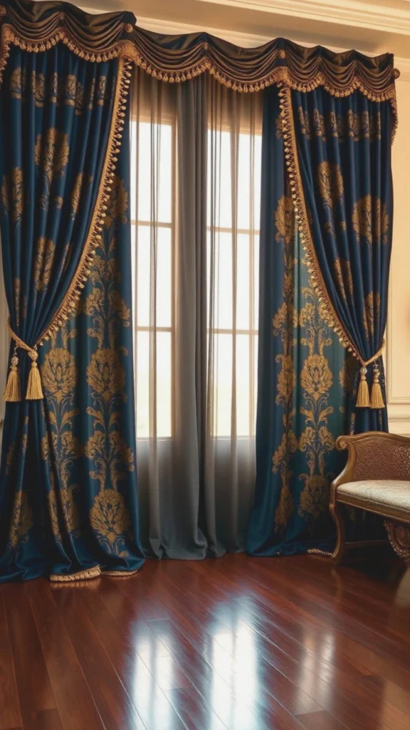 An example of opulent, double-layer luxury window dressing that beautifully pairs function with decorative flair. A base layer of dark grey sheer curtains diffuses daytime light through a large multi-paned window. It is layered beneath a dramatic outer element consisting of heavy, dark teal blue jacquard drapes woven with large gold damask patterns. The outer drapes are swept back with ornate gold tassels, all anchored by a matching fringed swag valance at the ceiling line over a polished dark hardwood floor.