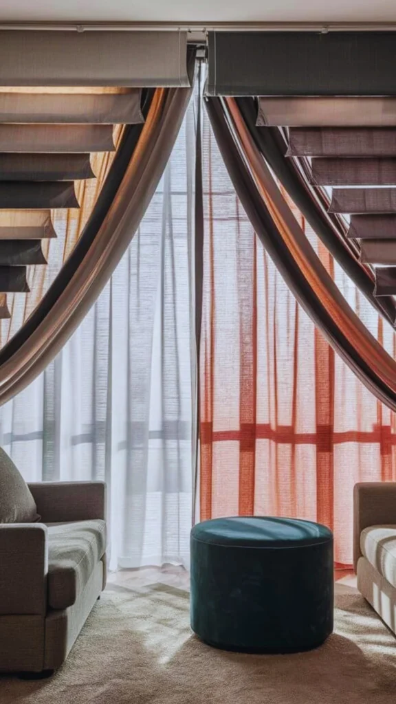 A modern living room layout demonstrating a shift toward color and personality in premium window designs. A large window features a creative split curtain installation: a light neutral, semi-sheer linen panel on the left contrasted against a warm terracotta earth-toned sheer panel on the right. Sweeping decorative drapes are elegantly swagged overhead, framing the windows symmetrically above two low-profile beige armchairs and a jewel-toned teal velvet cylinder ottoman resting on a textured cream rug.