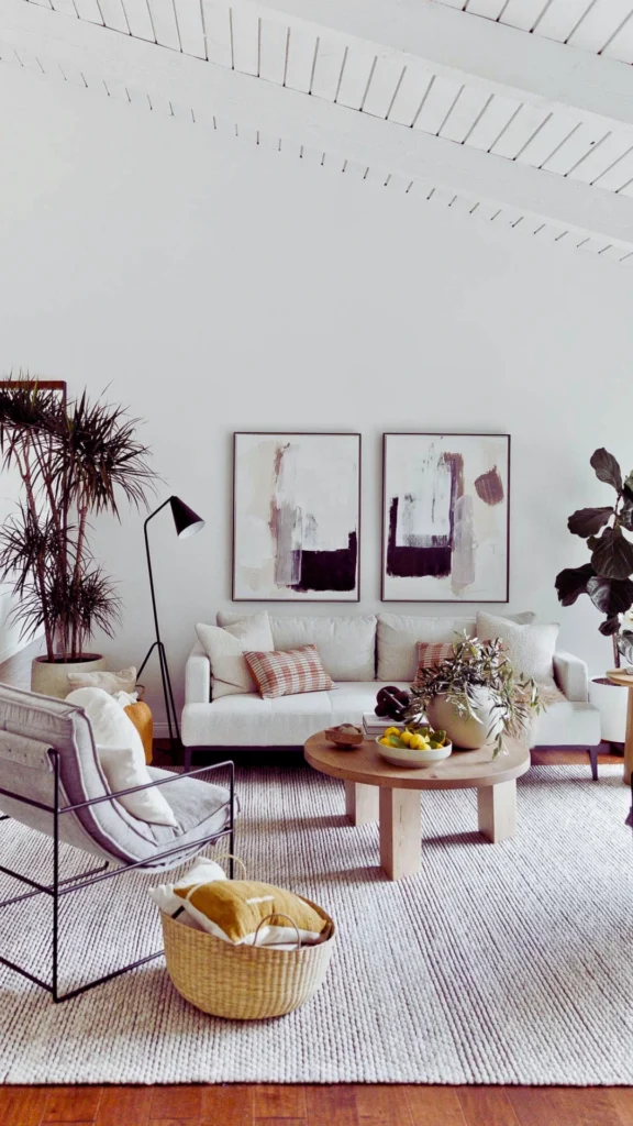 Interior view of a contemporary, open-concept living space with mid-century and organic design elements. A plush light cream sofa sits centrally beneath two matching vertical abstract paintings in shades of beige, black, and plum. In front of the sofa, a round light-oak coffee table holds a bowl of lemons and a ceramic vase with olive branches. A modern grey canvas sling chair with a black wire frame sits in the foreground on a heavily textured beige area rug, framed by tall tropical house plants.