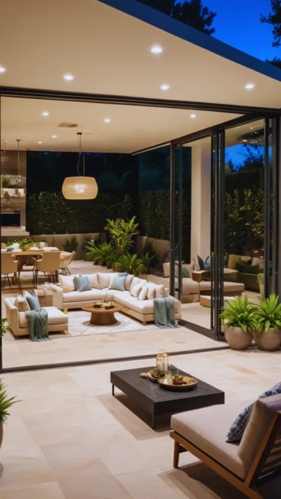 Evening view looking from an open outdoor stone patio into an expansive, modern open-concept home. Giant retractable glass walls expose a luxury living and dining room layout illuminated by warm recessed ceiling lights and a woven pendant lamp. Inside, light beige sofas are dressed with soft teal accent pillows and throws. Outside in the foreground, contemporary outdoor lounge seating sits on identical stone tile flooring, bordered by manicured tropical garden greenery.