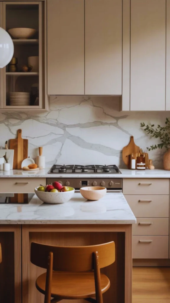 A modern, upscale kitchen interior featuring a white marble countertop and backsplash with thick grey veining. Minimalist, handleless flat-panel cabinets in a soft taupe or greige color hang above a stainless steel gas stovetop range. In the foreground, a kitchen island with a matching marble top holds a stone fruit bowl and a small wooden bowl, accented by a warm oak wooden chair with a curved backrest.