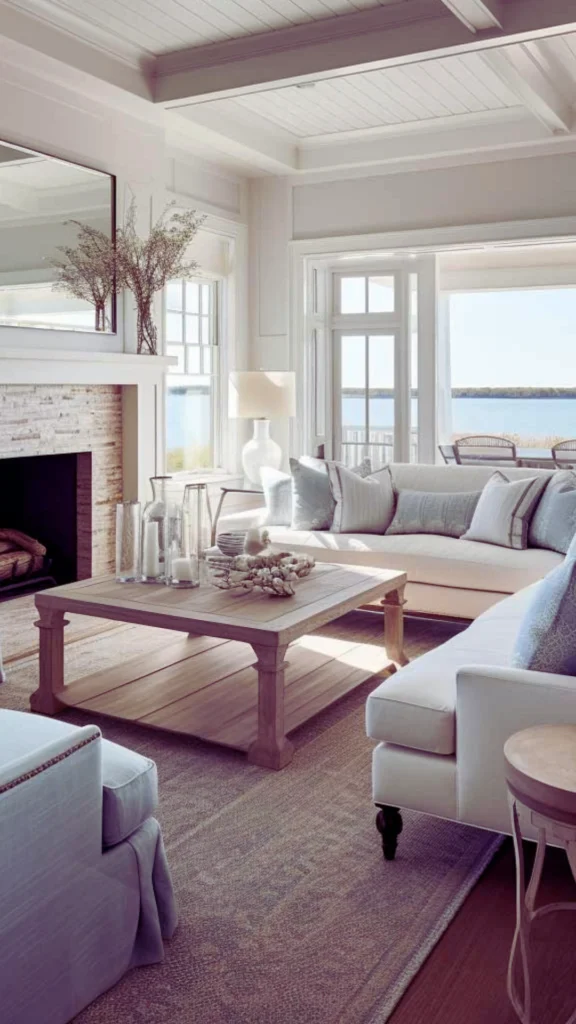 A luxury florida interiors room showcasing an oceanic color palette that mimics the surrounding natural beauty. Built on a crisp, light neutral base of cream walls and white paneled ceilings, the room features plush white sofas layered with soft pastel blue, striped, and sea-glass green throw pillows. A rustic, sandy-toned square wood coffee table rests on a textured grey-blue area rug near a stone fireplace, with expansive windows in the background framing a serene view of open blue water.