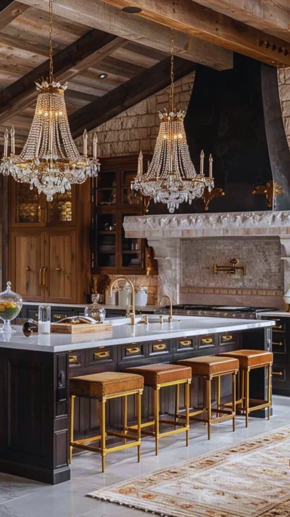 An upscale, high-end kitchen featuring a long black island accented with elegant brass hardware handles and tan upholstered leather stools. Two large traditional tier crystal chandeliers hang symmetrically over the clean white island surface, which features gold gooseneck faucets. The background includes an intricately carved stone mantel range hood over a professional stove, set beneath a rustic timber beam ceiling.