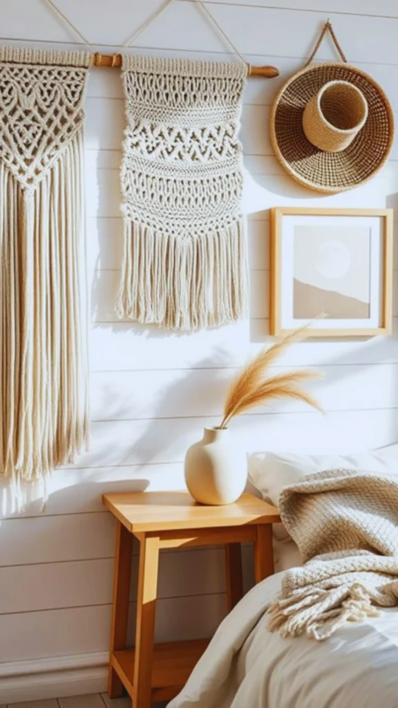 Close-up view of a boho-chic bedroom corner with natural wood and fiber accents. A light-wood nightstand holds a round beige vase with fluffy dried reeds, positioned next to a bed with a textured, loose-knit cream throw blanket. Hanging directly above on the white horizontal wood paneling is a collection of wall decor, including fringed cotton macramé hangings, a square framed abstract print, and a round woven sun hat.