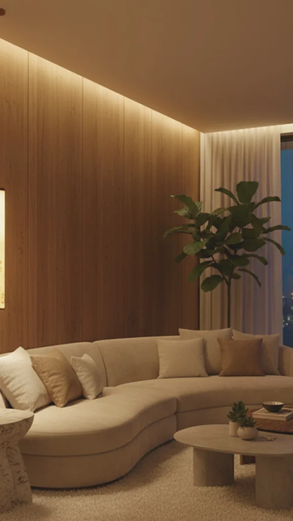 A modern minimalist workspace illustrating vertical illumination designed to cue the biological clock at eye level. A textured beige wall features geometric recessed alcoves with built-in warm lighting, including a prominent glowing niche directly above a floating wooden desk. A single coffee cup sits on the desk in front of a curved wooden armchair, while a slim black tripod floor lamp adds additional lighting near a window with vertical blinds.