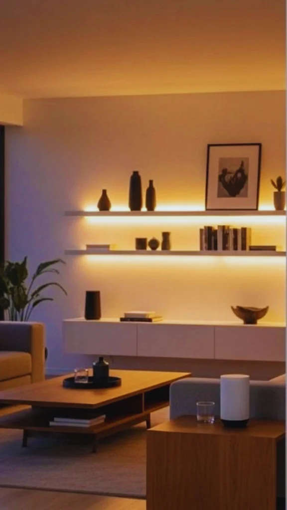 Contemporary living room interior showcasing a cozy accent wall illuminated by hidden warm LED shelving lights. Two floating white shelves holding dark ceramic vases, small sculptures, books, and a framed black-and-white picture display a continuous amber glow. A low-profile wooden coffee table sits on a gray rug in the foreground, surrounded by modern gray sofas and a small wooden side table holding a smart speaker.