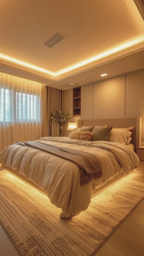 A luxury bedroom demonstrating a gentle circadian rhythm lighting design optimized for calm and rest. A plush bed with crisp white linens and a dusty rose accent pillow is backed by a sophisticated beige headboard panel with vertical geometric detailing. Soft, indirect warm backlight emanates from behind the headboard, creating a low-Kelvin evening ambiance. On the adjacent fluted nightstand, a textured stone table lamp glows with a soft, diffused illumination against a subtle, pink-toned scenic wallpaper.